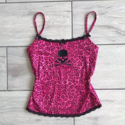 Sonicelife Crop Top Pink Sexy Camisole Women Clothing Punk Gothic Streetwear Skull Lace Leopard Sling Tops Vintage Aesthetic Y2k Tank Top