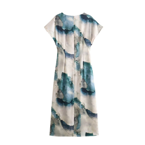Sonicelife Women's Short Sleeved Pleated Dress, Round Neck Tie Dye Silk Satin Printed, Casual Temperament, Versatile, New