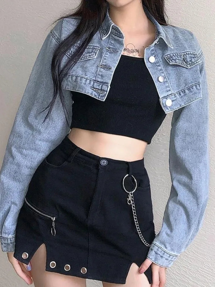 christmas outfit Sonicelife Vintage Long Sleeve Crop Denim Jacket Women 2025 Fashion Jeans Bomber Jackets Cardigan Coat Spring Casual Coats Clothes