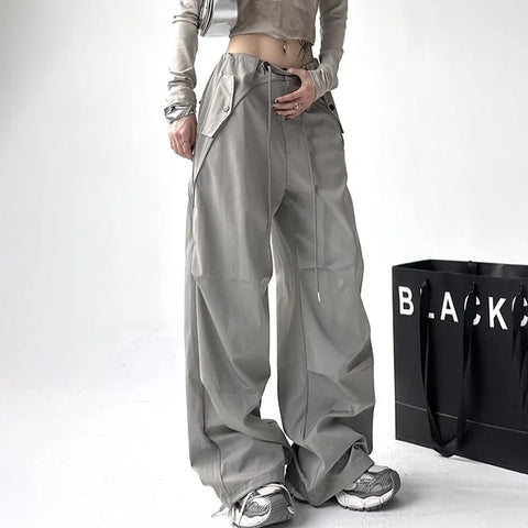 Sonicelife Y2K Aesthetic Cargo Pants Women High Waist Drawstring Casual Straight Pants Vintage Streetwear All Match Wide Leg Trousers