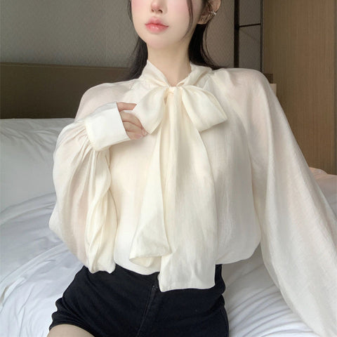 Sonicelife Vintage French Women Shirts Elegant Bow Tie Long Sleeve Blouse Office Ladies New Fashion Chic Solid Female Tops Spring Autumn