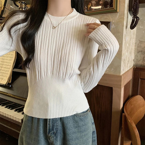 Black Friday Sonicelife Elegant Knitted Pullover Women Korean Slim Stretch Vertical Pit Stripes Solid Sweater Spring Fall Long Sleeved O-Neck Female Top