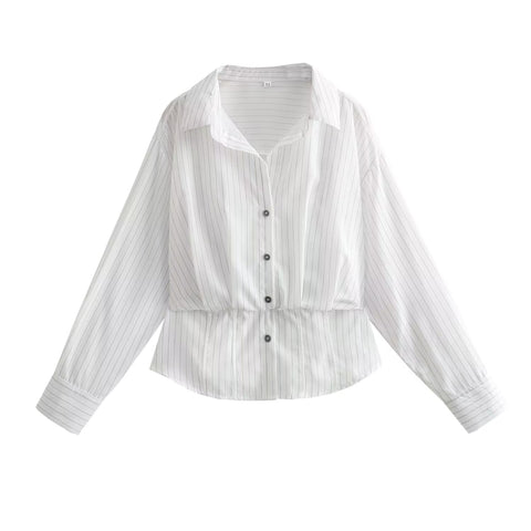 Sonicelife Women's New Striped Shirt Wrapped Chest Inner Lining Waist Slim Fit Commuting Style Single breasted Long sleeved Top