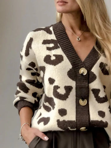 christmas outfit Sonicelife 2025 Women Autumn Knitted Leopard Print V-Neck Cardigans Coat Long Sleeve Women Sweater Cardigans Coat