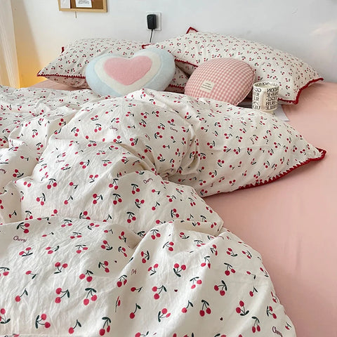 Sonicelife Bedding Set  Girls Cherry  Soft Washed Cotton Bed Sheet Queen King Size Duvet Set  Comforter Set Pillowcase Bed Linens