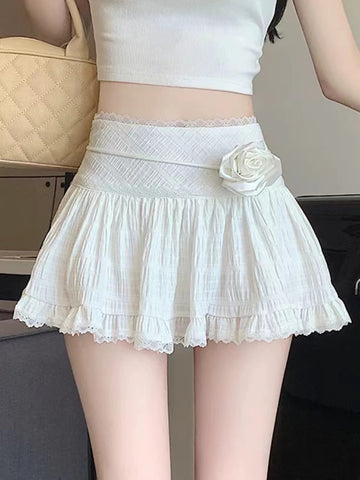 Sonicelife Summer Elegant Ballet Style Mini Skirt Women Sweet Lace 3D Flower A-line Skirt Spicy Girl High Waist Slim Short Skirt Chic New