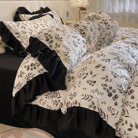 Sonicelife Ins French Style Girls Heart Lace Bedding Set Bubble Wash Cotton Quilt Cover With Pillowcases Bed Sheet Set 4pcs