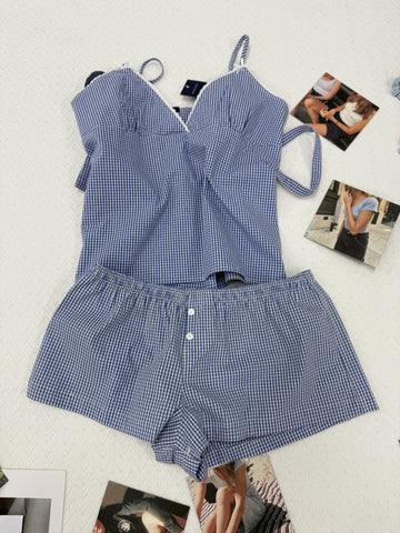 Sonicelife Blue Plaid Back Strap Tank Shorts Pajama Set Women Sleeveless Crop Top+Elastic Waist Straight Short Pant Sweet Home 2 Piece Sets