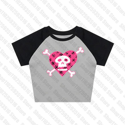 Sonicelife Y2K clothes skull graphic grunge baby tee Crop Top 2000s Streetwear Harajuku Goth Short Sleeve T-shirt Skeleton print clothes