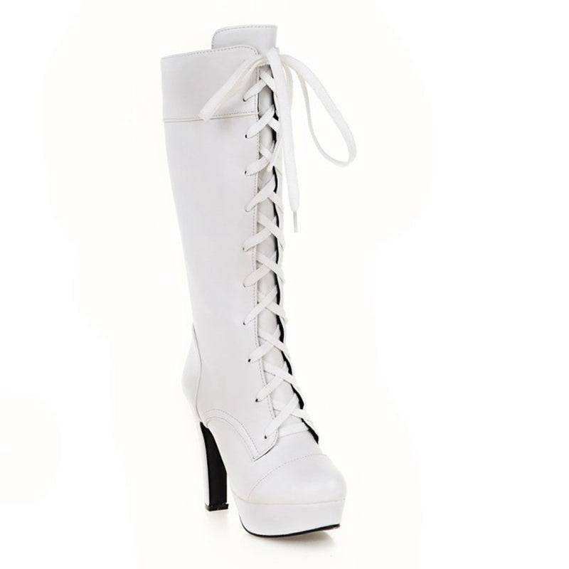 thanksgiving outfit Sonicelife British Ladies Knee High Boots Round Toe Lace Up 12CM Platforms Spike Heels Shoes Size 31-45 White A4206