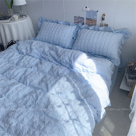Sonicelife INS Girl Blue Bedding Sets Solid Color Seersucker Ruffles Lace  Kawaii Soft Sheet Woman Duvet Cover Pillow Covers Quilt Cover