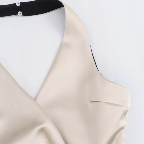 Sonicelife Women's Hanging Neck Top with Bow Decoration Silk Satin Hollow Sexy T-shirt New