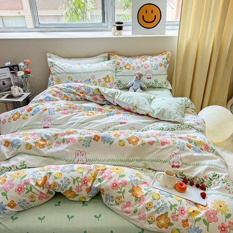 Sonicelife Garden Flowers And Cute Rabbit Pattern Duvet Cover Nordic Style Full Size Bedding Sets Queen Double For Girls Gift Pink