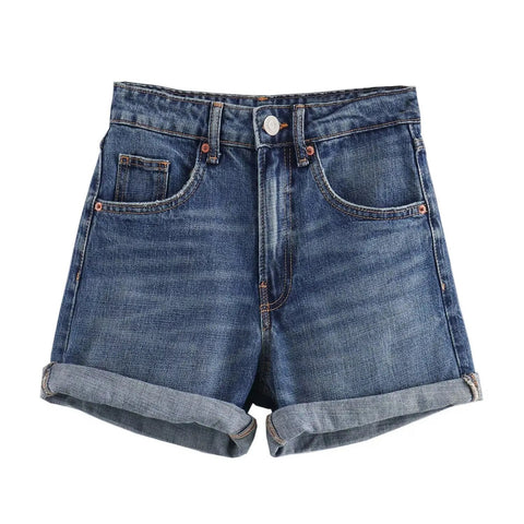 Sonicelife Women's new denim shorts, loose and comfortable, versatile high waisted straight leg curled edge shorts