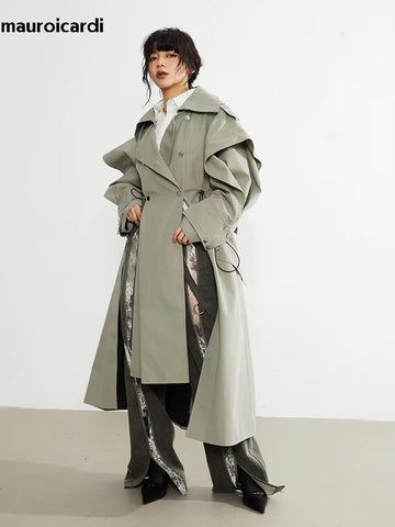 christmas outfit Sonicelife Spring Long Oversized Elegant Ruffled Trench Coat for Women Double Breasted Luxury Designer Overcoat Runway Fashion