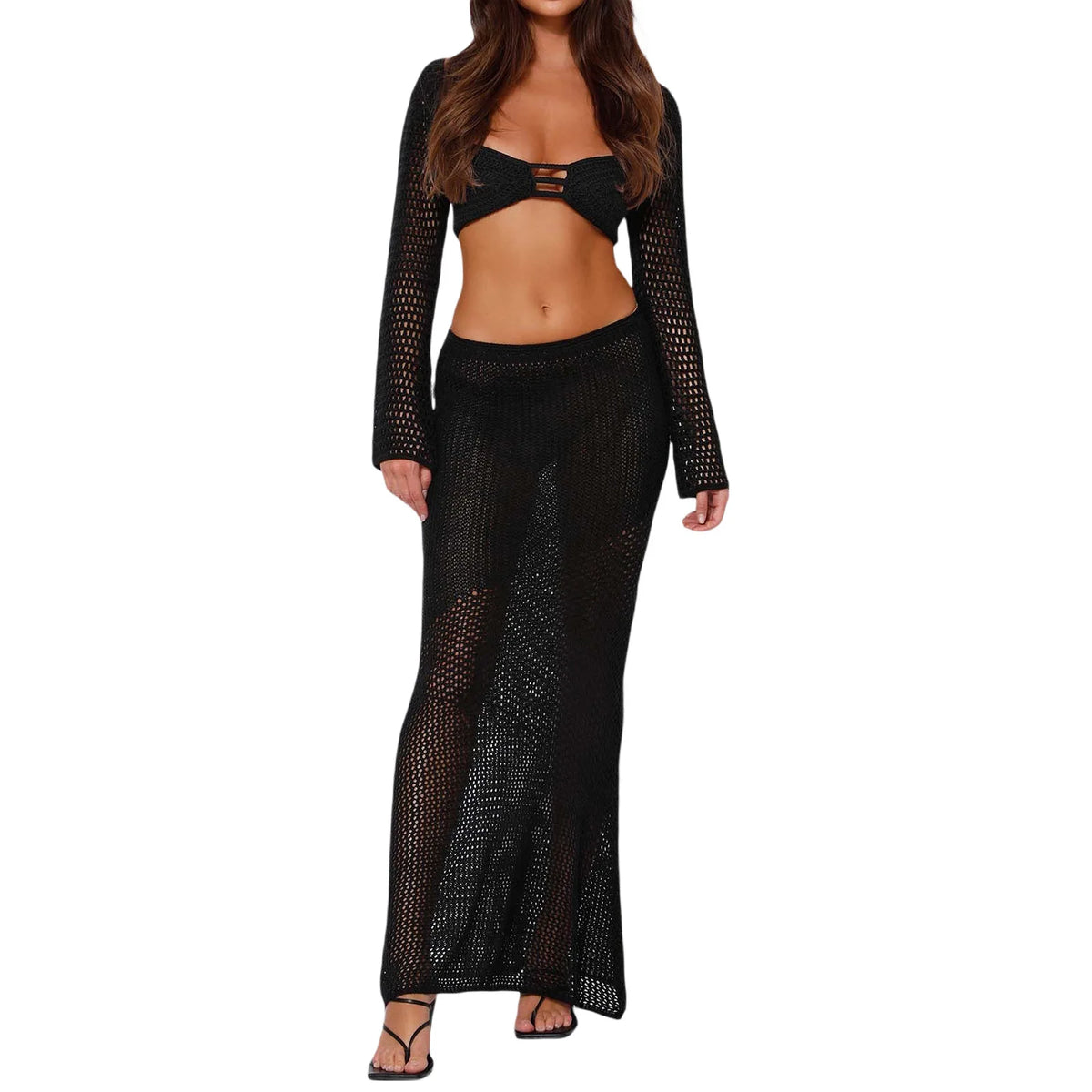 Sonicelife Elegant Solid Knit Hollow Out Full Sleeve Tops Suit Chic U Neck Slim Fit High Waist Skirt Sets New Female Vacation Beach Outfits