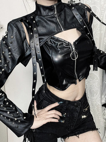 Sonicelife Y2k Harajuku Pu Jacket Women Mall Gothic Dark Cyber Punk Rivets Strap Long Sleeve Crop Tops Emo Alt Grunge Clothes Femme