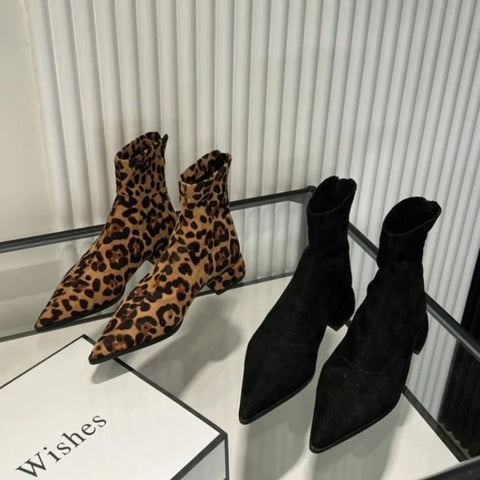 Sonicelife 2025 Zippers Fashion Pointed Toe Women Ankle Boots With Low Heel Shoes Female Leopard Print Footwear Ladies Stretch Modern Boots