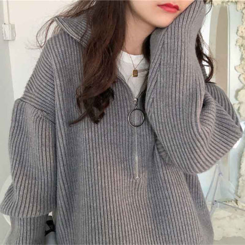 Black Friday Sonicelife Turtleneck Knitted Pullovers Women Autumn Warm Solid Zipper Long Sleeve Casual Jumper Fashion Loose All Match Sweaters