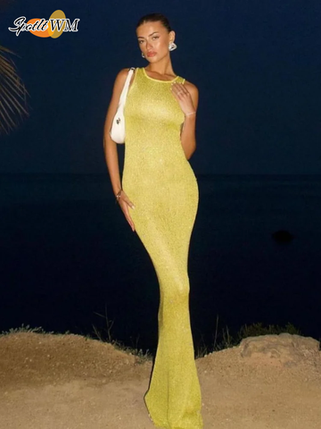 Sonicelife Women Sexy Yellow Glitter Splicing Square Neck Long Dress Casual Slim Sleeveless Sling Maxi Dresses Female Summer Holiday Robes