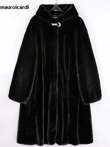 christmas outfit Sonicelife Winter Elegant Long Black Thick Warm Fluffy Faux Mink Fur Coat Women with Hood Plus Size Fluffy Jacket 5xl 6xl 7xl