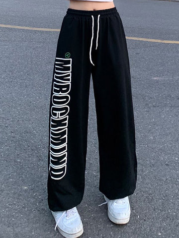 Sonicelife Women Streetwear Letter Sweatpants Loose High Waist Retro Harajuku Trousers Casual Lace Up American Fall Bf Oversize Pants