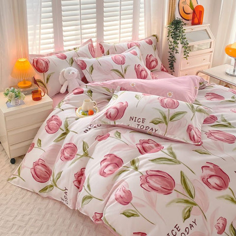 Sonicelife Ins Pink Flowers Bedding Set Flat Bed Sheet Pillowcase Twin Full Queen Size Nordic Bed Linen Women Girls Floral Duvet Cover Set