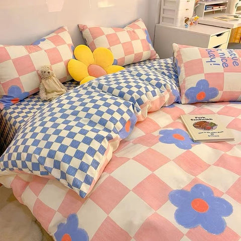 Sonicelife Fashion Bedding Set Hot Checkerboard Boys Girls Single Double Queen Size Flat Sheet Quilt Duvet Cover Pillowcase Bed Linens