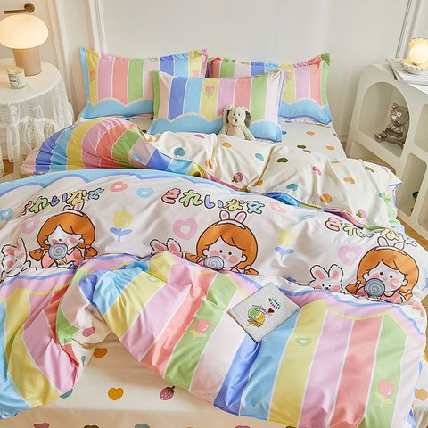 Sonicelife Garden Flowers And Cute Rabbit Pattern Duvet Cover Nordic Style Full Size Bedding Sets Queen Double For Girls Gift Pink