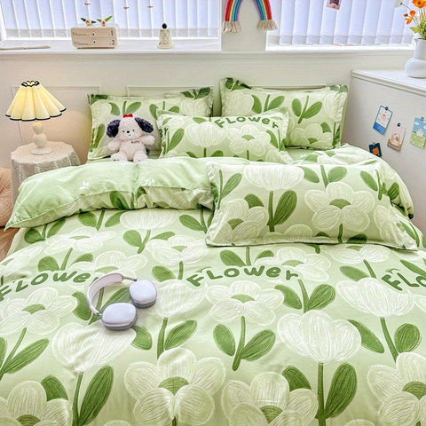 Sonicelife White Green Bedding Set Floral Ins Duvet Cover with Zipper No Filler Flat Sheet Pillowcase Twin Queen Size Bed Linens