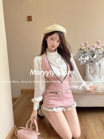 Sonicelife 2025 Autumn French Sweet Hot Girl Commuting Suit Women Halter Strap Shorts Ruffled Long Sleeve Shirt Elegant Slim 2 Piece Set