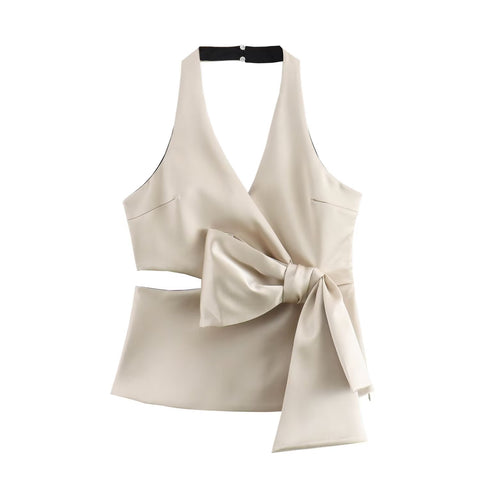 Sonicelife Women's Hanging Neck Top with Bow Decoration Silk Satin Hollow Sexy T-shirt New