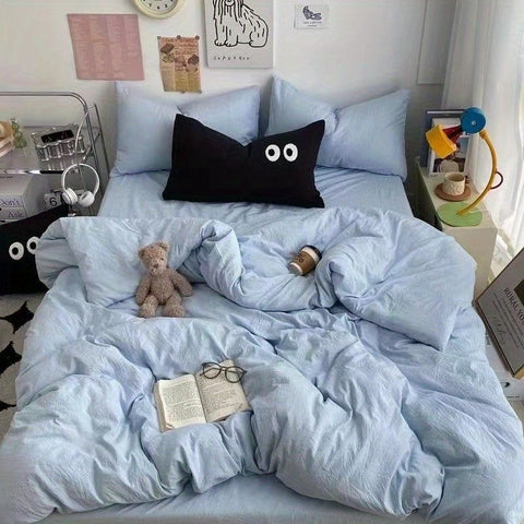 Sonicelife Cute Duvet Cover Set with Sheet Pillowcase No Filler Warm Solid Color Bed Linen Full Queen Size Korean Big Eyes Home Bedding Set