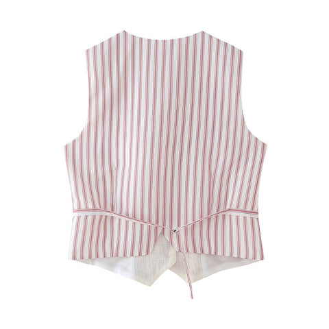 Sonicelife Women's Heavy Industry Embroidery V-Neck Stripe Vest Ethnic Style Top Casual Fashion New