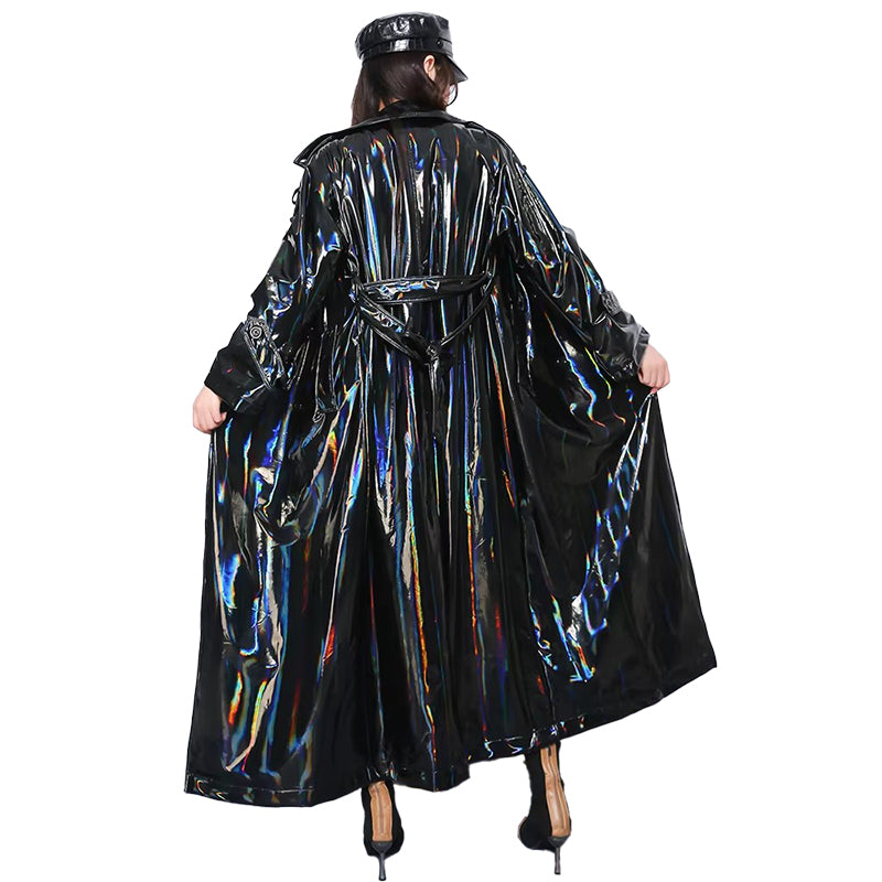 christmas outfit Sonicelife Spring Soft Thin Flowy Shiny Reflective Holographic Black PVC Faux Leather Trench Coat for Women Maxi Y2K Streetwear