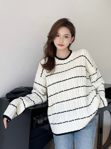 Sonicelife Korean Soft Striped Sweaters Women O Neck Lazy Wind Fashion Knitted Jumpers Fall Loose Long Sleeve Female Sweet Pullovers