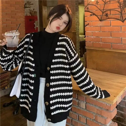 Black Friday Sonicelife Striped Knit Cardigan Women Black White Patchwork Fall Winter Warm Button Sweater Fashion Elegant Loose Chic Twist Coat