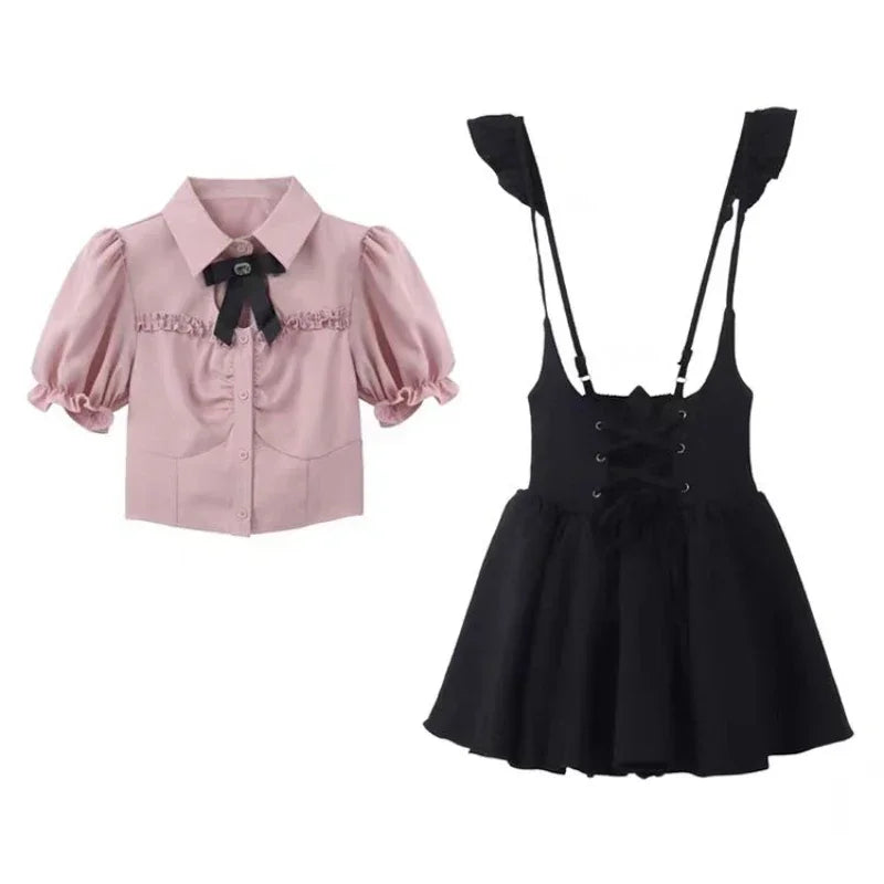 Sonicelife Summer Cute Girl Kawaii Two-piece Women Korean Stlye Elegant Pink Puffed Sleeves Heart Hollow Shirt + Black Suspender Mini Skirt