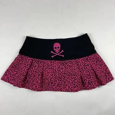 Sonicelife Y2K Vintage Fashion high-waisted pleated skirt for women Cute pink skull Mini skirt for Street slim-fit A-line Hot Girl skirt