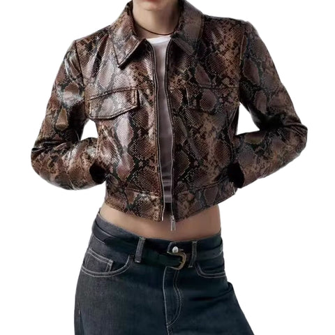 Sonicelife Women's new imitation leather coat long sleeve zipper snake print fashion casual top leather jacket