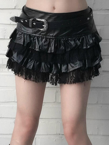 Sonicelife Harajuku Y2k Pu Cake Skirt Women Dark Gothic Cyber Punk Streetwear Hotsweet Lace Patchwork Low Waist Skirt Without Belt