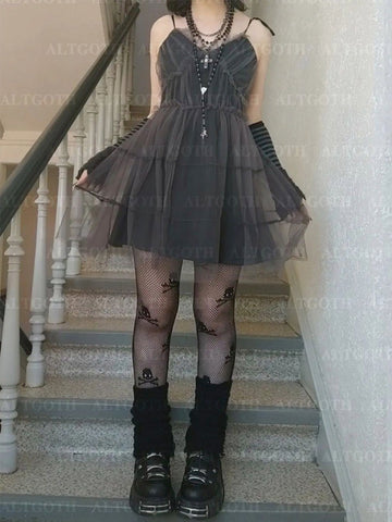 Sonicelife Y2k Gothic Mesh Dress Women Fairycore Grunge Streetwear Sexy Spaghetti Strap High Waist A-line Dress Soft Goth Outfits