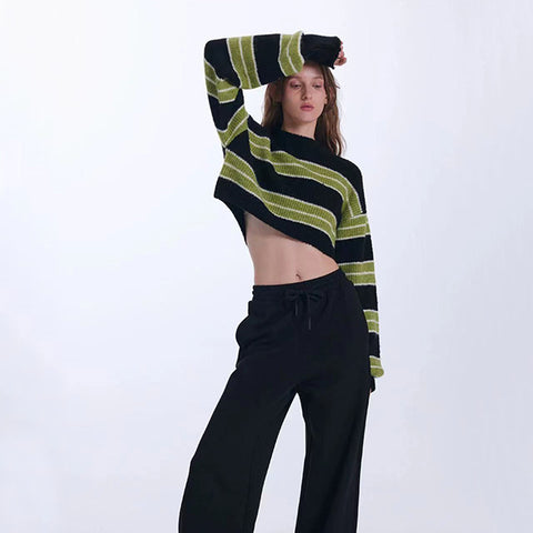 Black Friday Sonicelife Y2K Green Striped Crop Knit Sweater Women Korean Vintage Streetwear Long Sleeve Pullover Female Loose All-Match Short Jumper