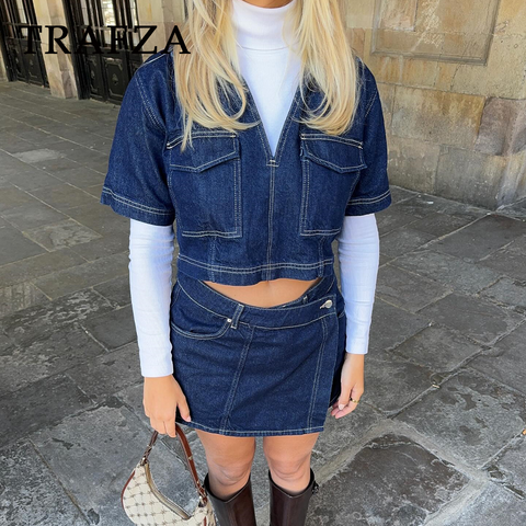 thanksgiving outfit Sonicelife 2024 Spring Summer Casual Denim Women Suits Fashion Pockets V Neck Pullover Half Sleeve Shirts+Chic Mini Shorts Skirts