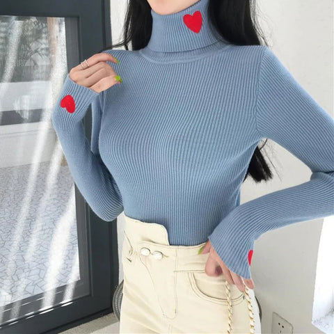 Sonicelife Women Turtleneck Warm Knit Sweaters Heart Embroidered Pullover Slim Bottoming Causal Sweater For Women 2024 Autumn Winter