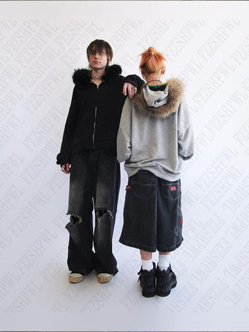 Sonicelife Plush lining solid color pattern Hoodie casual chic Y2K top rock fashion street retro grunge punk hip hop Harajuku couple Hoodie