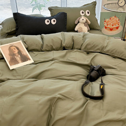 Sonicelife Ins Grey Cartoon Big Eye Solid Color Bedding Set Girls Boys Double Size Flat Sheet Duvet Cover Pillowcase Bed Linen Home Textile