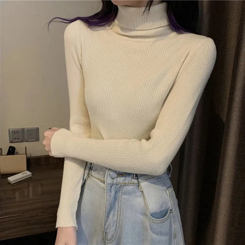 Black Friday Sonicelife Korean Turtleneck Sweater Women Casual Elegant Chic Slim Office Lady Long-Sleeved Knitted Warm Pullover Solid Bottom Shirt Tops