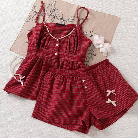Sonicelife Blue Plaid Back Strap Tank Shorts Pajama Set Women Sleeveless Crop Top+Elastic Waist Straight Short Pant Sweet Home 2 Piece Sets