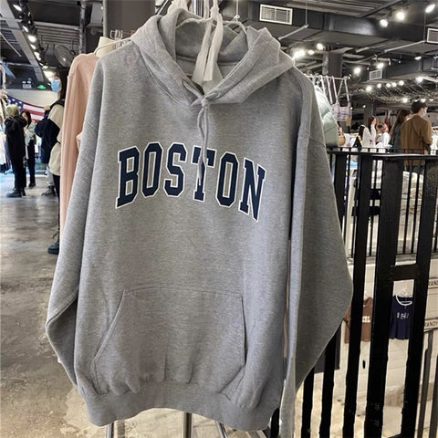 Sonicelife Letter Print Oversize Hoodie Women Autumn Casual Long Sleeve Gray Hooded Pullovers Top Vintage Streetwear Cotton Hoodies 2025
